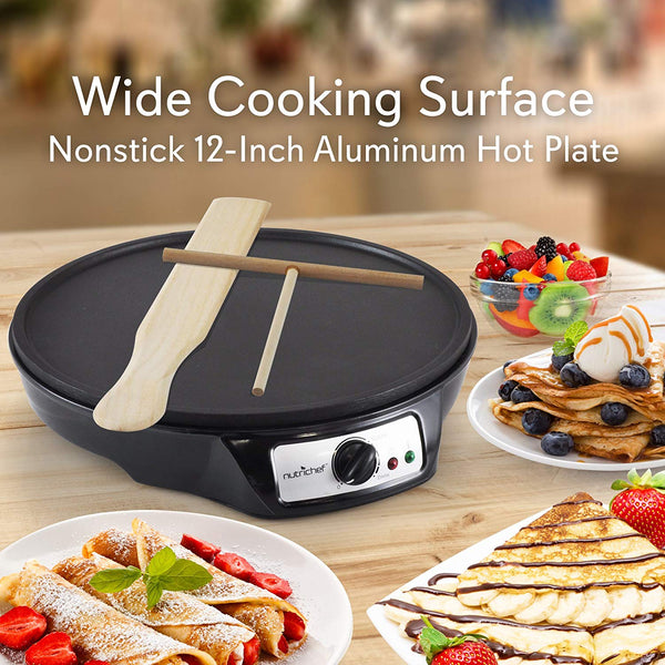 Nonstick 12-Inch Electric Crepe Maker - Aluminum Griddle Hot Plate Cooktop with Adjustable Temperature Control and LED Indicator Light, Includes Wooden Spatula and Batter Spreader - NutriChef