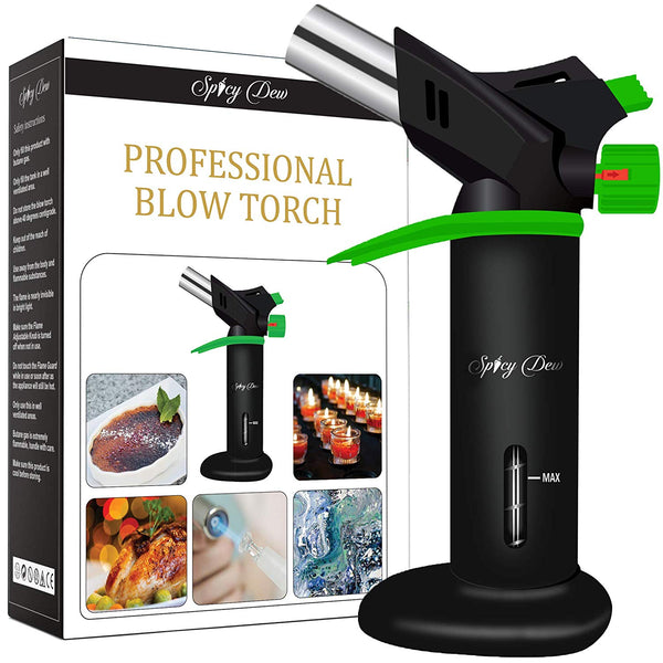 Spicy Dew Blow Torch - Creme Brulee Torch - Refillable Professional Culinary Kitchen Torch with Safety Lock and Adjustable Flame - Micro Butane Torch with Fuel Gauge - Cooking Food Torch (Black)