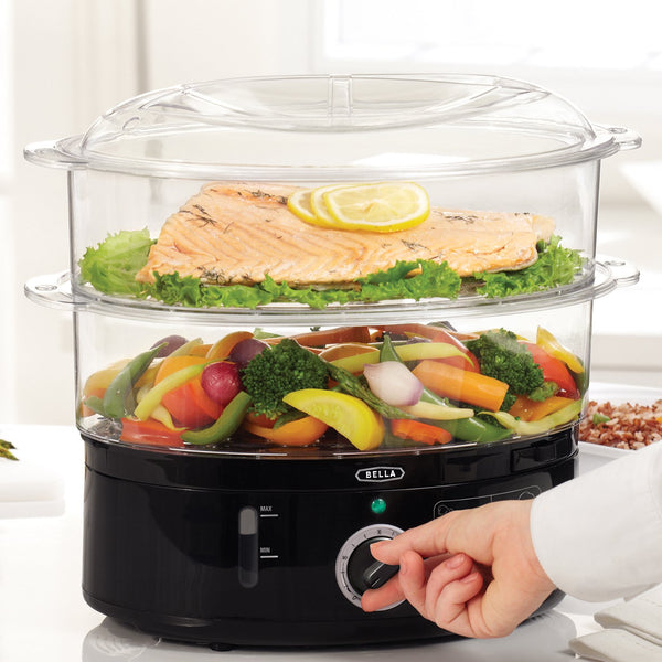 BELLA (13872) 7.4 Quart 2-Tier Stackable Baskets Healthy Food Steamer with Rice & Grains Tray, Auto Shutoff & Boil Dry Protection for Cooking Vegetables, Grains, Meats