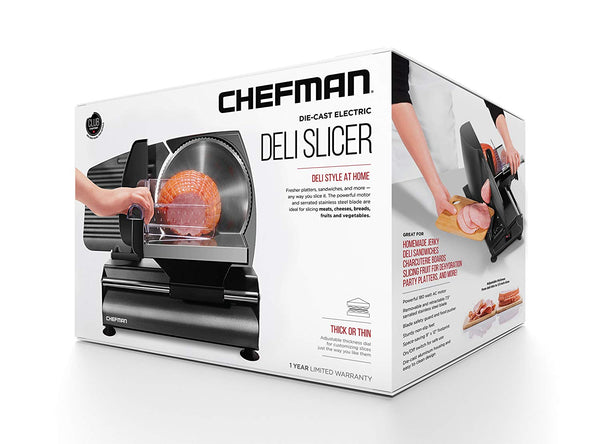 Chefman Die-Cast Electric Deli/Food Slicer, Precisely Cuts Meat, Cheese, Bread, Fruit & Veggies, Adjustable Thickness Dial, Removable 7.5” Serrated Stainless Steel Blade, Non-Slip Feet, Compact, Black