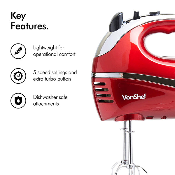 VonShef Electric Hand Mixer Whisk With Stainless Steel Attachments, 5-Speed and Turbo Button, Includes; Beaters, Dough Hooks and Balloon Whisk - Red