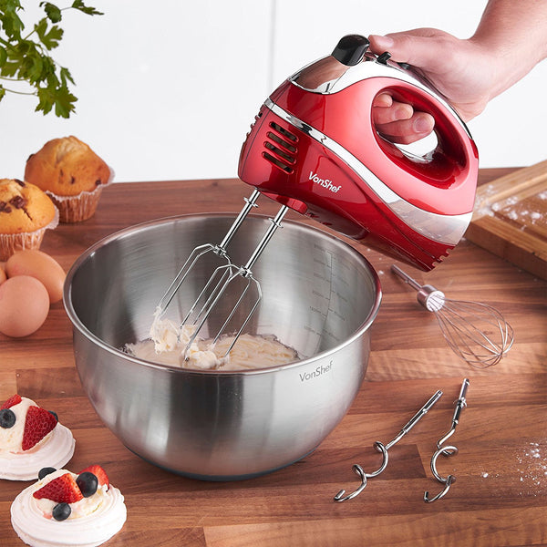 VonShef Electric Hand Mixer Whisk With Stainless Steel Attachments, 5-Speed and Turbo Button, Includes; Beaters, Dough Hooks and Balloon Whisk - Red