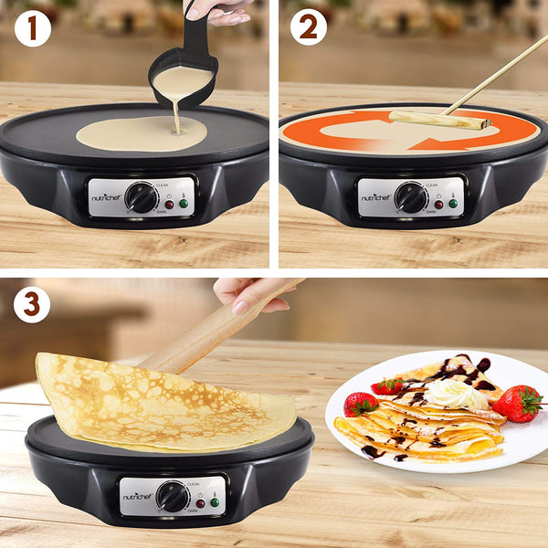 Nonstick 12-Inch Electric Crepe Maker - Aluminum Griddle Hot Plate Cooktop with Adjustable Temperature Control and LED Indicator Light, Includes Wooden Spatula and Batter Spreader - NutriChef