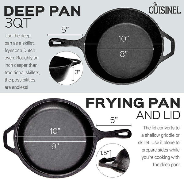 Pre-Seasoned Cast Iron 2-In-1 Multi Cooker | 3-Quart Dutch Oven and Skillet Lid Set Oven Safe Cookware | Use As Dutch Oven and Frying Pan | Indoor and Outdoor Use | Grill, Stovetop, Induction Safe