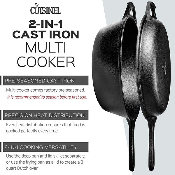 Pre-Seasoned Cast Iron 2-In-1 Multi Cooker | 3-Quart Dutch Oven and Skillet Lid Set Oven Safe Cookware | Use As Dutch Oven and Frying Pan | Indoor and Outdoor Use | Grill, Stovetop, Induction Safe