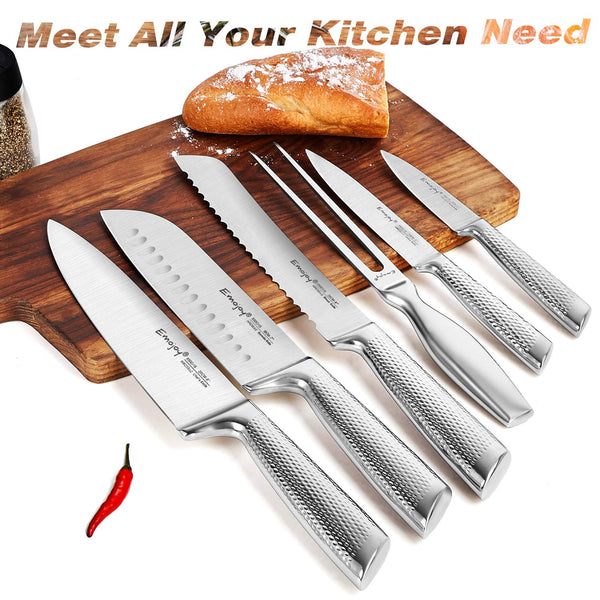 Knife Set, Emojoy 16-PCS Kitchen Knife Set with Carving Fork, Ripple Stainless Steel Hollow Handle for Chef Knife Set with Wooden Block, Perfect Cutlery Set Gift