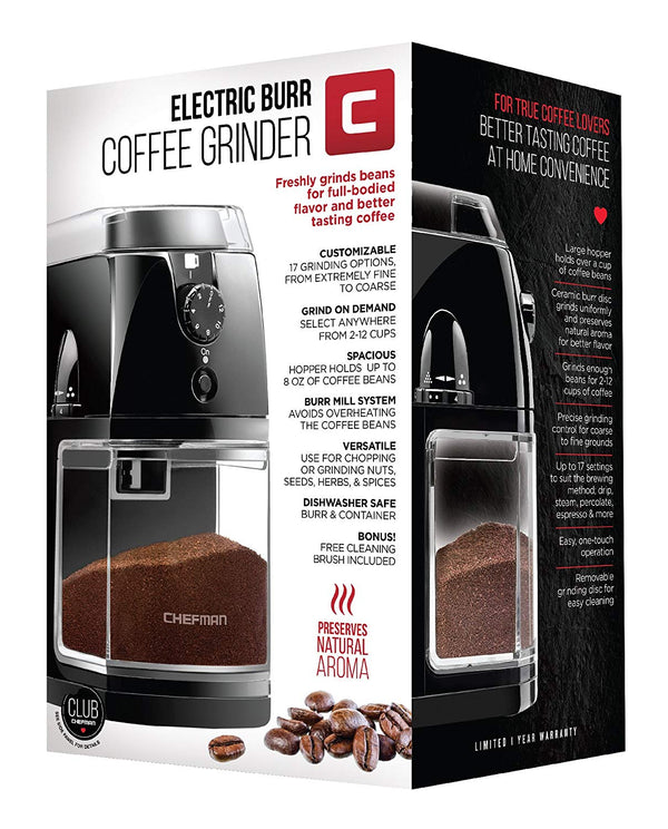 Chefman Coffee Grinder Electric Burr Mill Freshly 8oz Beans Large Hopper & 17 Grinding Options for 2-12 Cups, Easy One Touch Operation, Cleaning Brush Included, Black