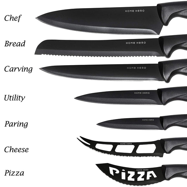 Home Hero Stainless Steel Knife Set with Block - 13 Kitchen Knives Set Chef Knife Set with Knife Sharpener, 6 Steak Knives, Bonus Peeler Scissors Cheese Pizza Knife and Acrylic Stand Best Cutlery Set