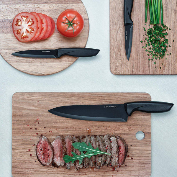 Home Hero Stainless Steel Knife Set with Block - 13 Kitchen Knives Set Chef Knife Set with Knife Sharpener, 6 Steak Knives, Bonus Peeler Scissors Cheese Pizza Knife and Acrylic Stand Best Cutlery Set