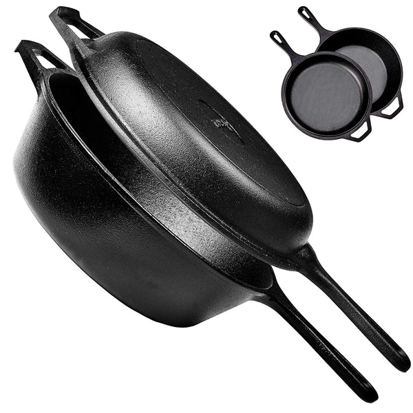 Pre-Seasoned Cast Iron 2-In-1 Multi Cooker | 3-Quart Dutch Oven and Skillet Lid Set Oven Safe Cookware | Use As Dutch Oven and Frying Pan | Indoor and Outdoor Use | Grill, Stovetop, Induction Safe